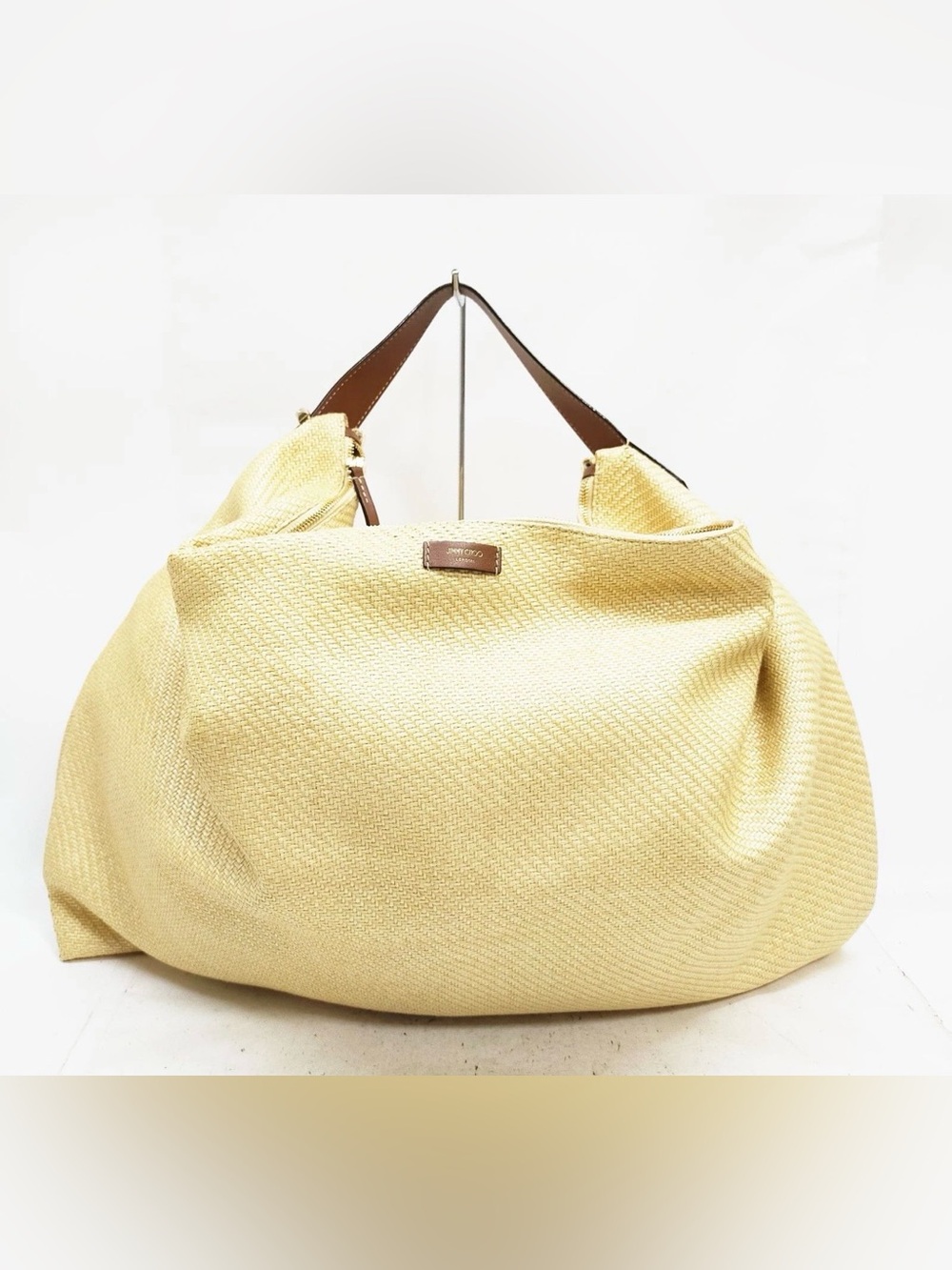 Jimmy Choo Tan Straw Tote Woven Hobo with Brown Handles